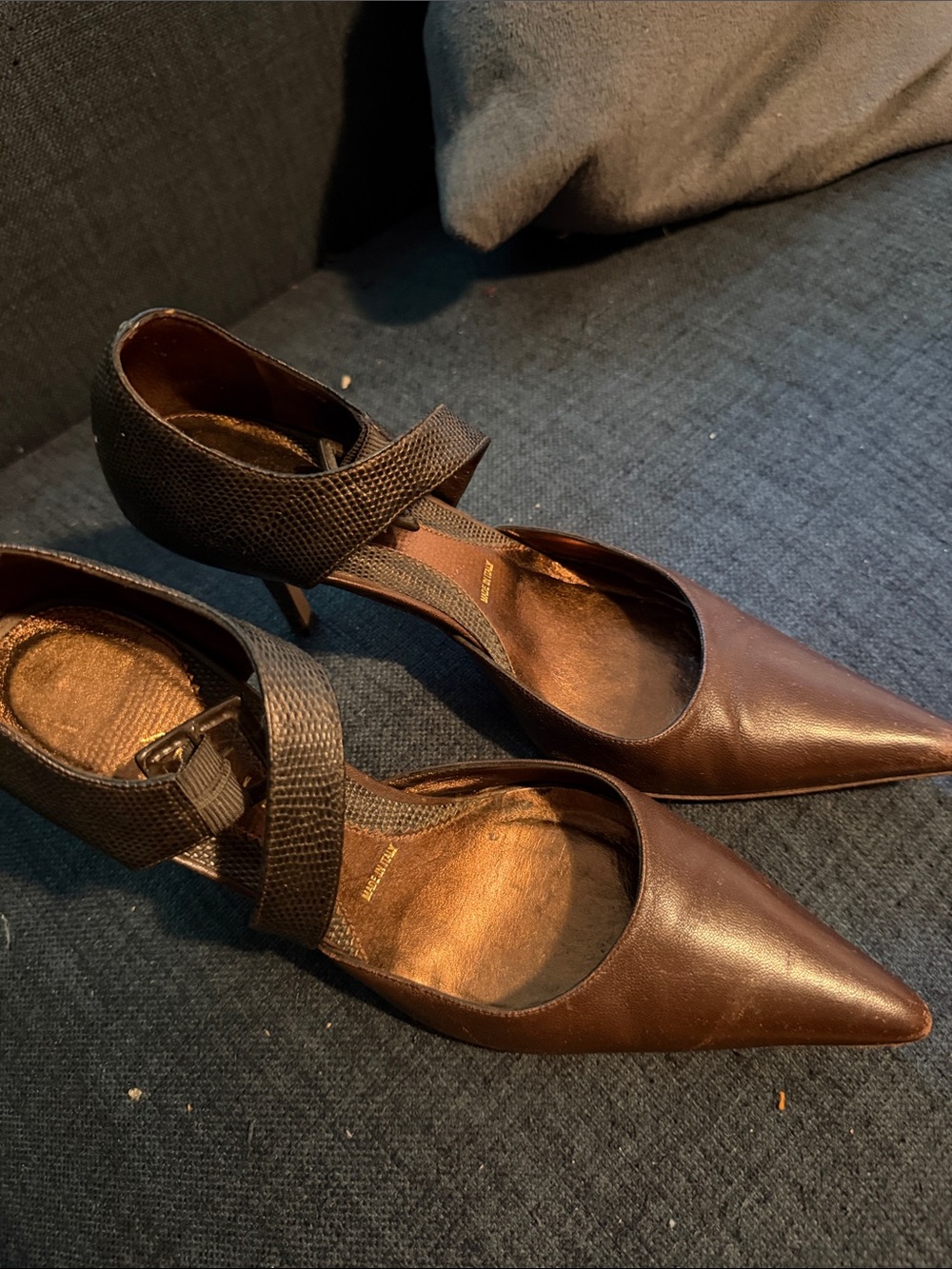 Women's Brown Pointed Leather Heels with Textured Ankle Strap